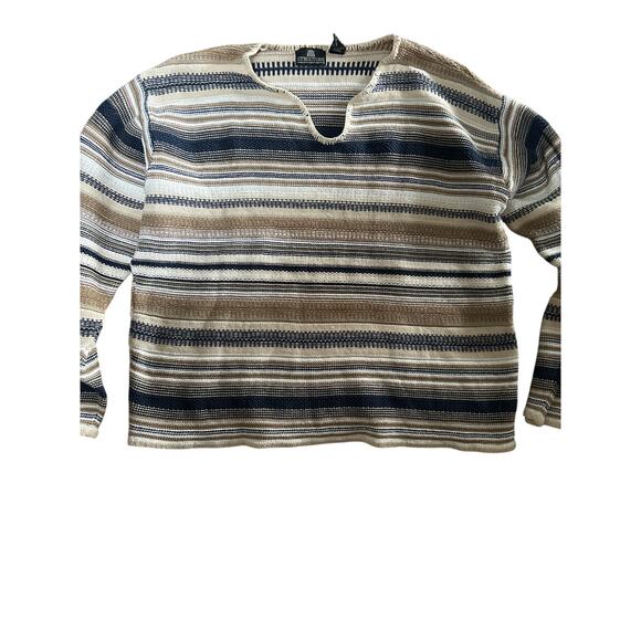 VTG 90s Structure Cotton Ramie Notch Neck Sweater Stripe Large Y2K - Picture 1 of 7